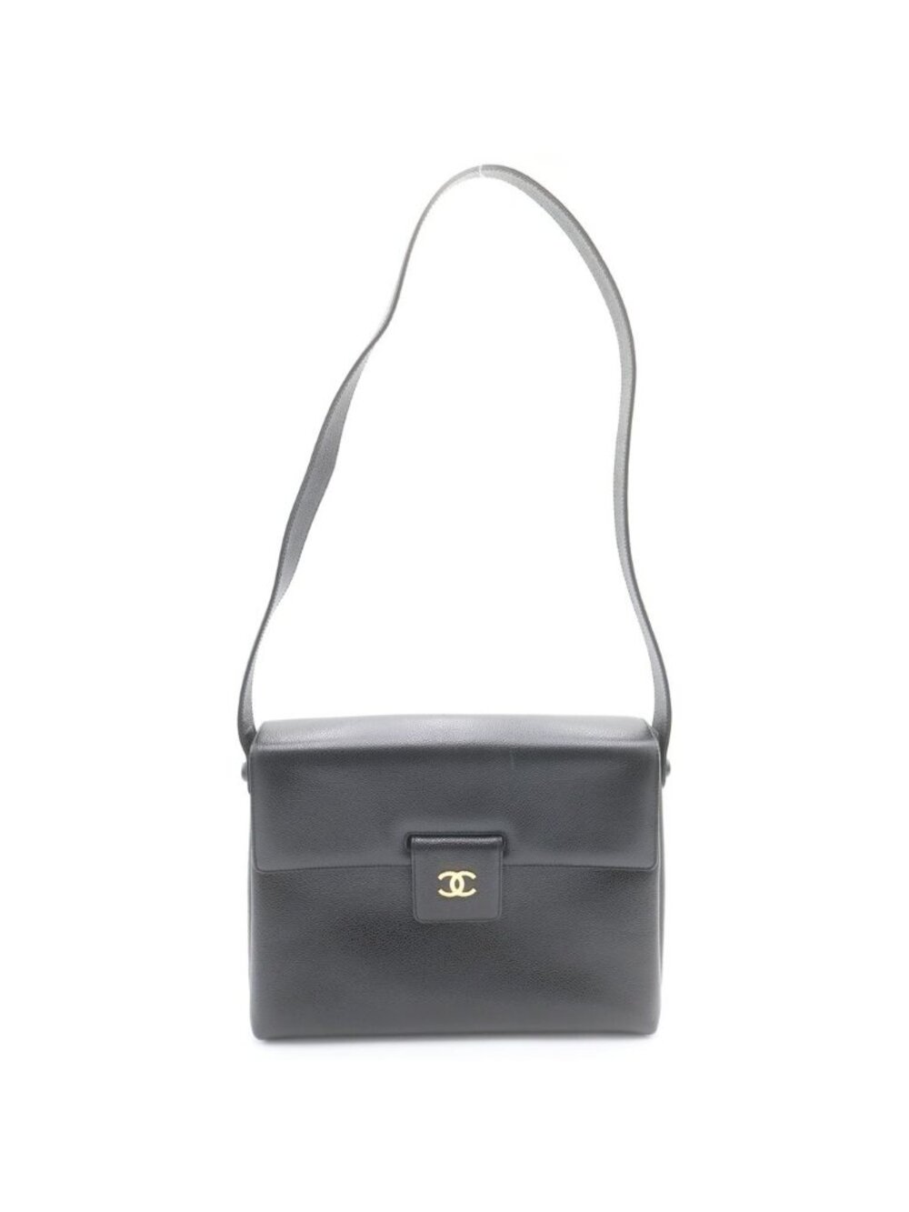 Chanel CC Logo Caviar Leather Shoulder Bag Gold Black